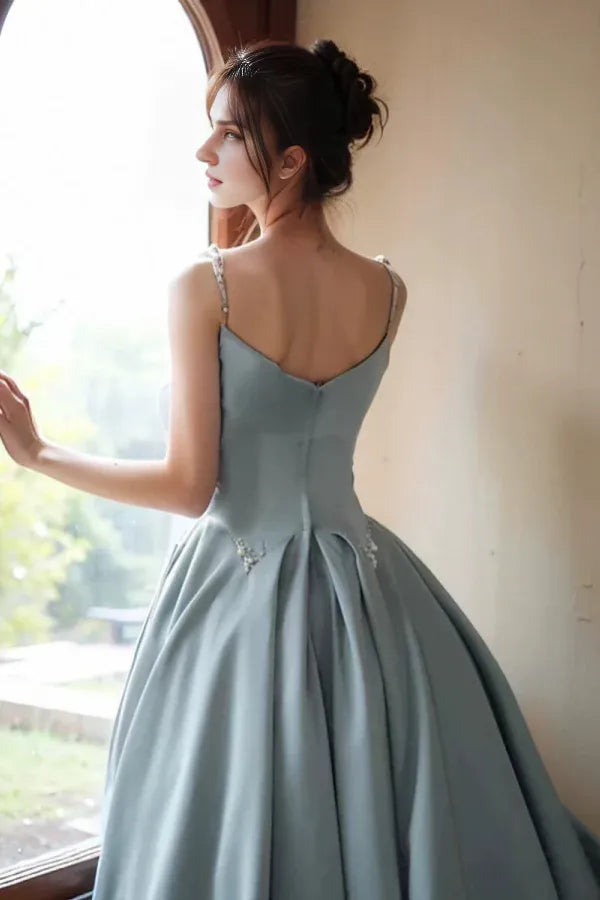 Prom Dresses Stores Chic Blue Satin A Line Spaghetti Straps Beaded Long Evening Dress Blue Satin Prom Dress Formal Women's Dresses